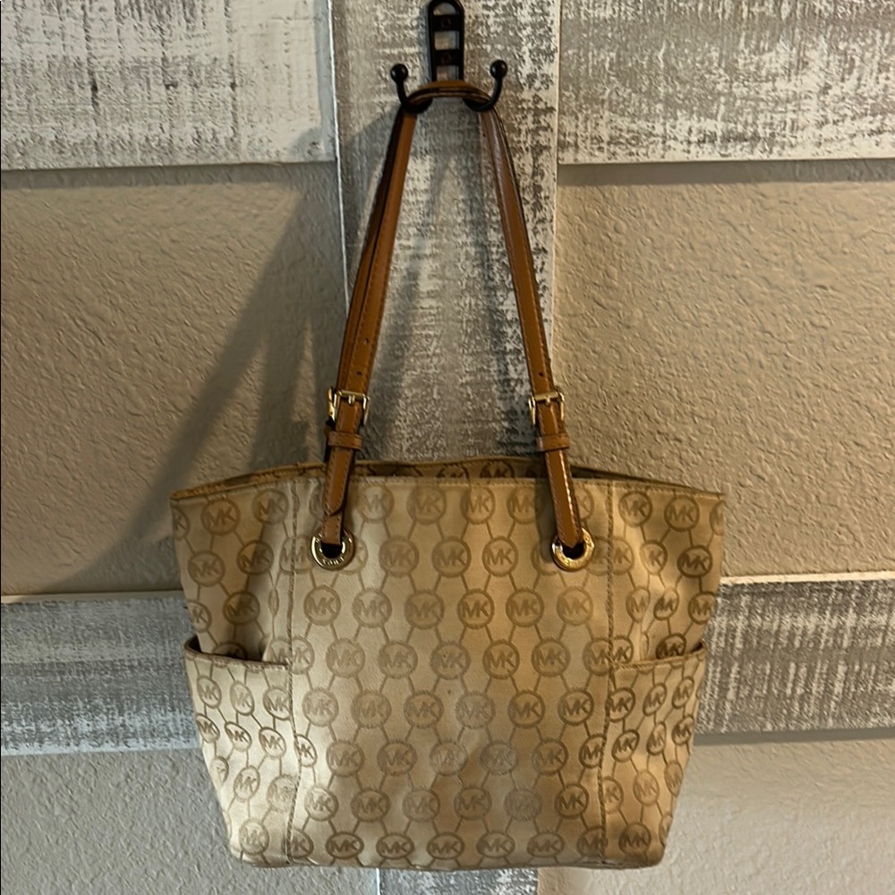 Michael Kors Tan Trapezoidal Tote Bag with Monogram Pattern